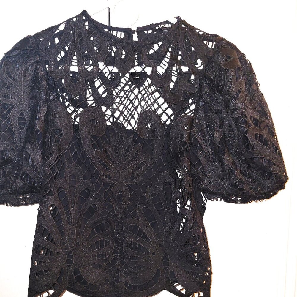 NWT! Express Black Lace Balloon Sleeve Top - S